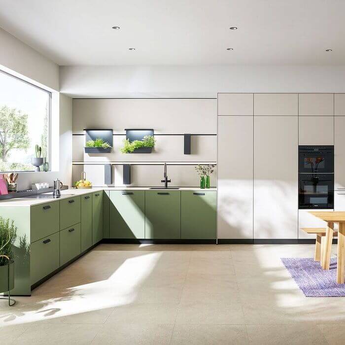 NX890 | NX510: moderne leefkeuken in olijfgroen met kiezelgrijs