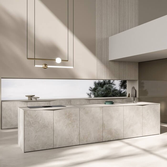 Keuken uitgelicht; Lichte Snaidero Elementi in taupe en marmerlook