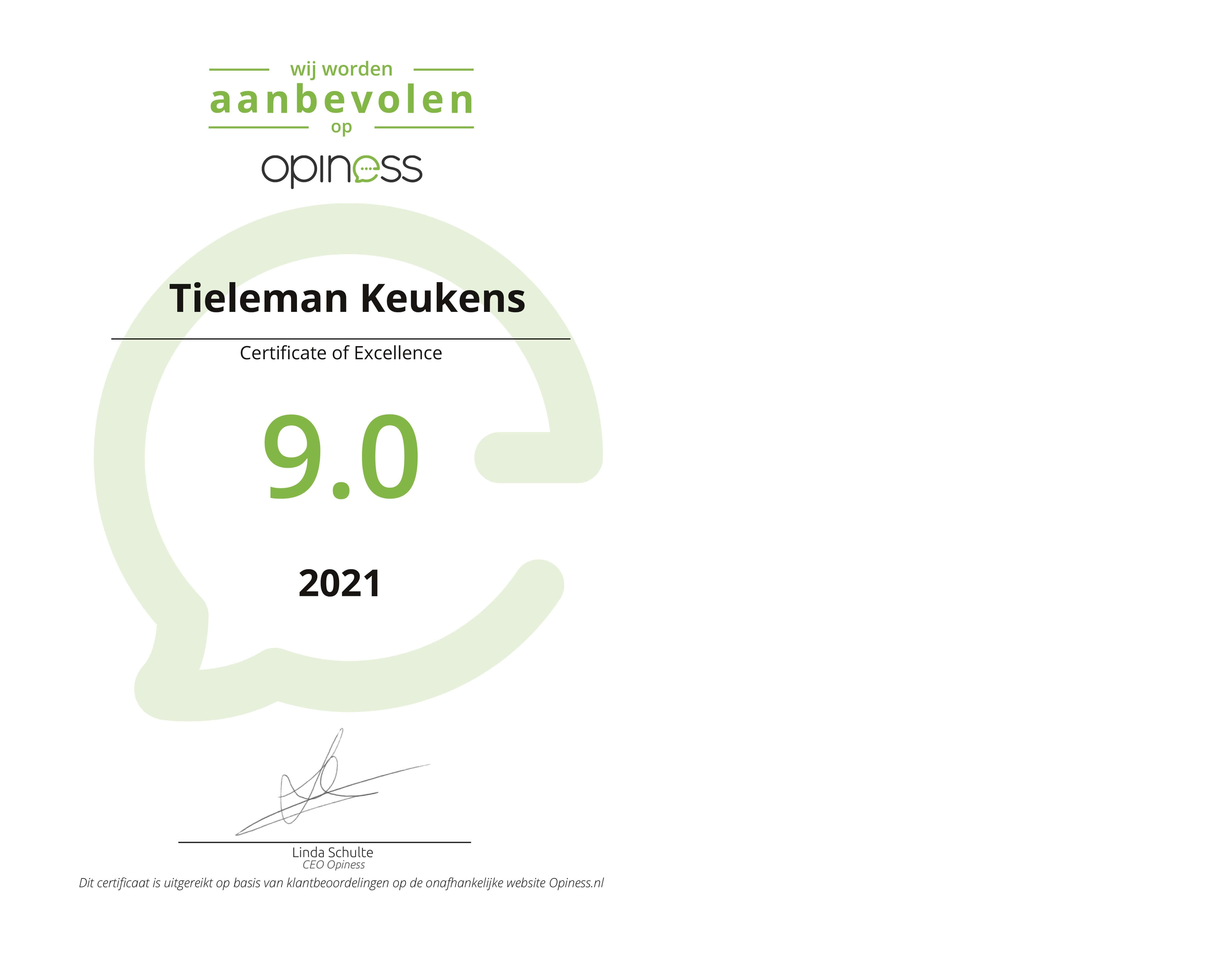 Certificaat Opiness Tieleman Keukens