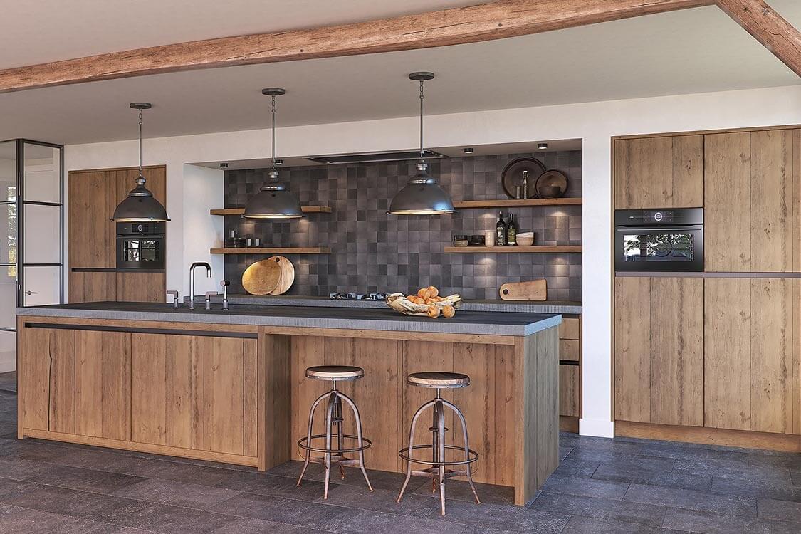 Moderne landelijke keuken waar houten elementen perfect combineren met de donkerder grijstint