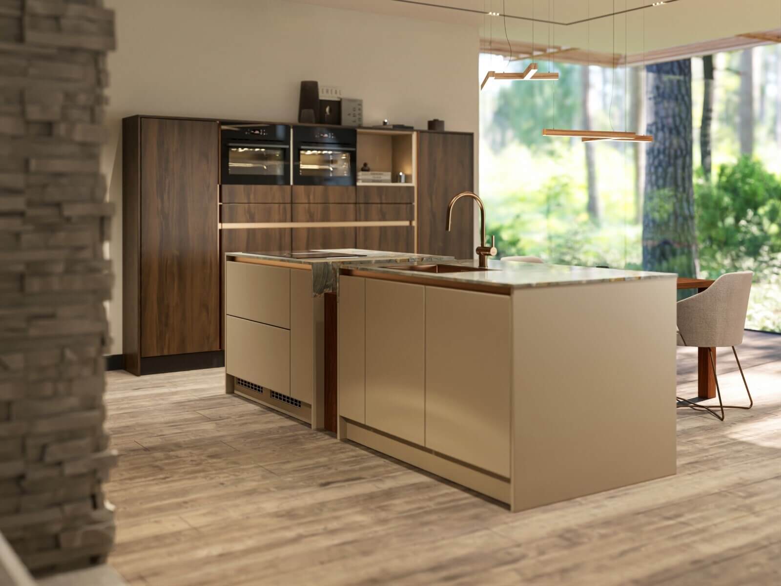 Lichte klassieke kleine Keller keuken met hout en keuken eiland in Mediterrane sfeer