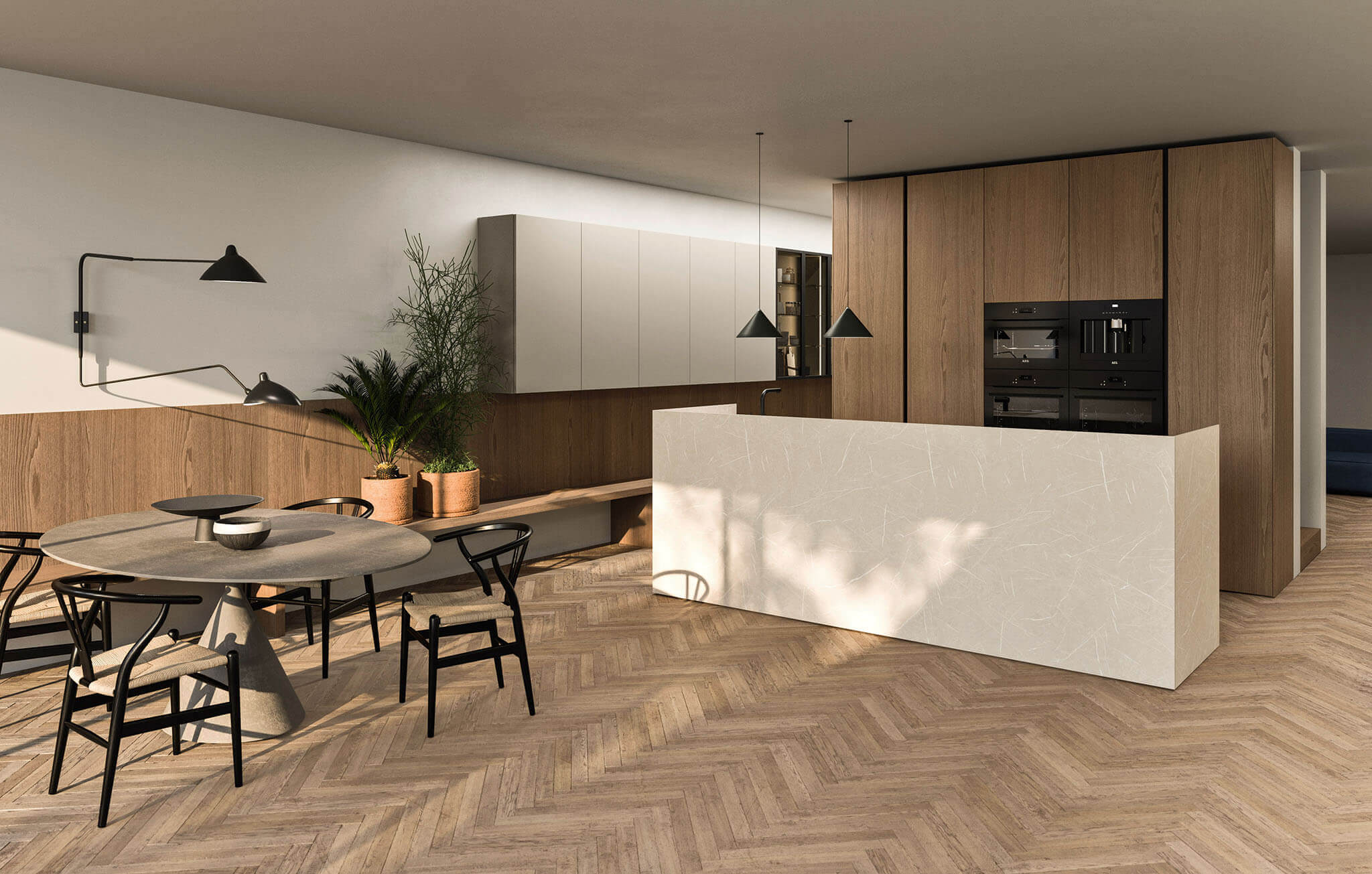 Moderne witte keuken met kookeiland