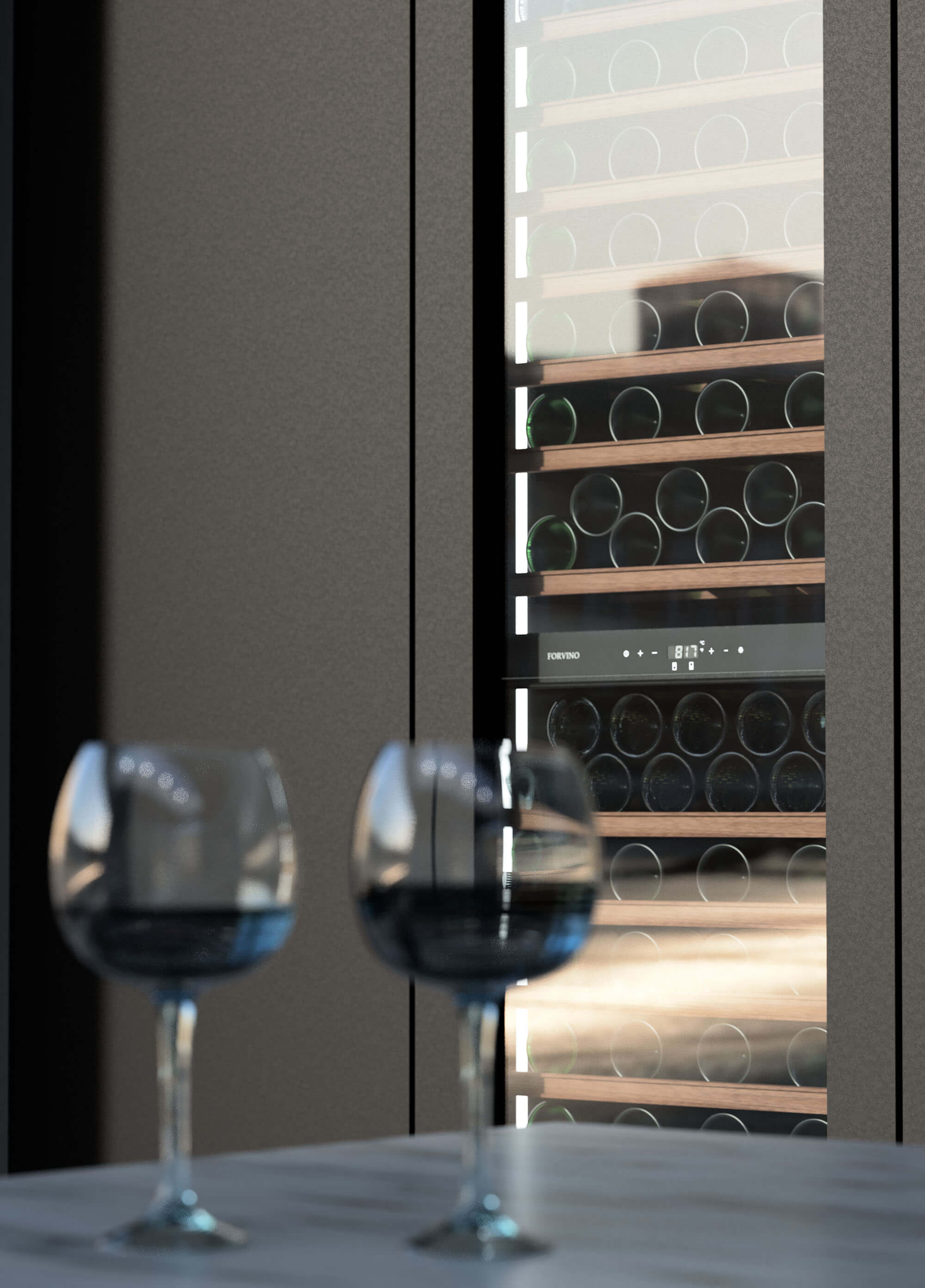 Stijlvolle Forvino wijnkast met roestvrijstalen interieur en mahoniehouten plateaus