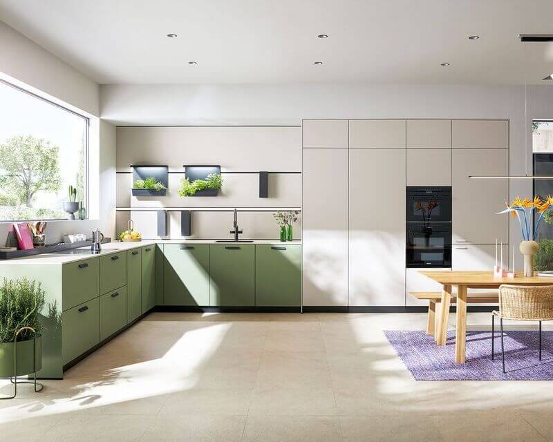 NX890 | NX510: moderne leefkeuken in olijfgroen met kiezelgrijs