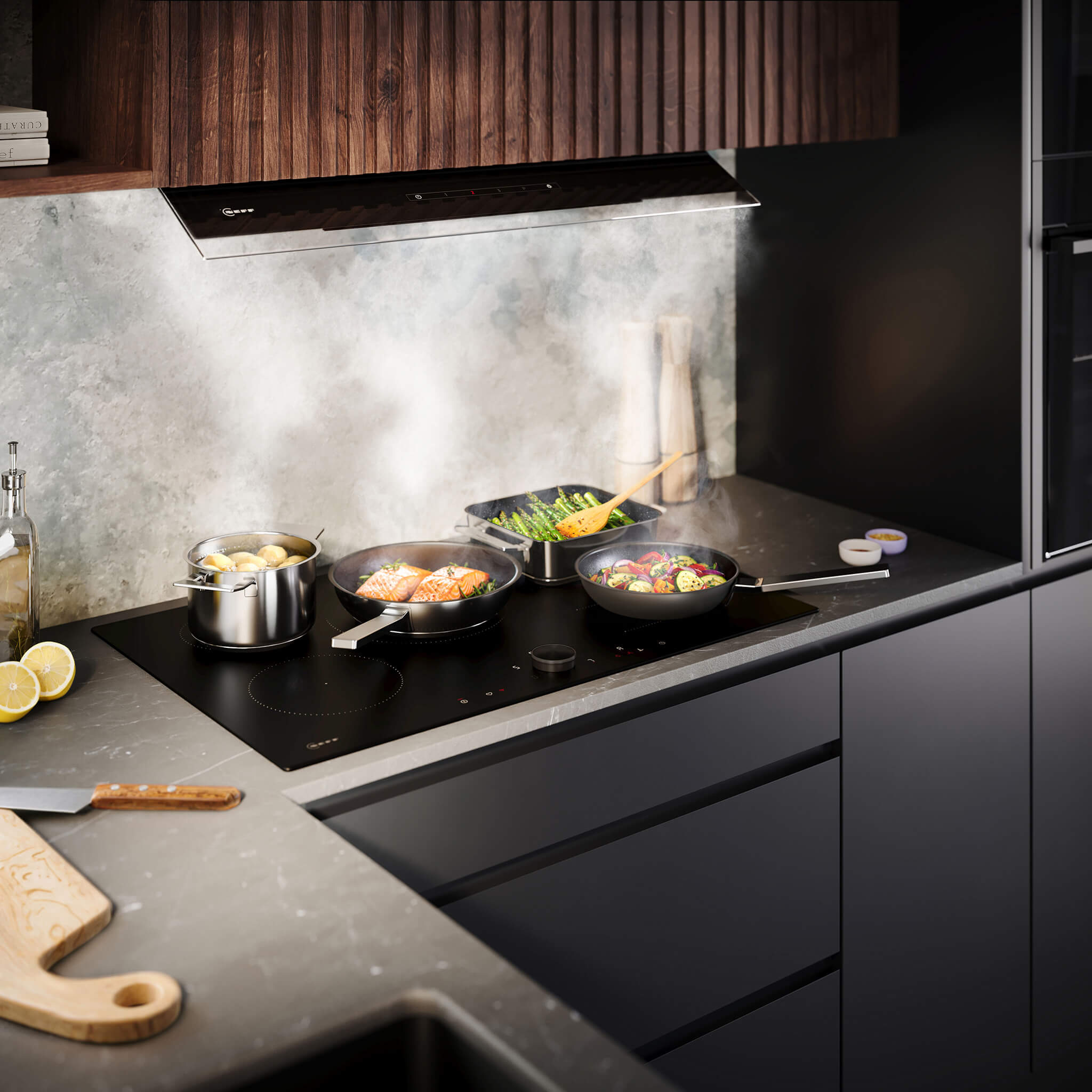 Matte inductiekookplaat van NEFF met strak zwart glasoppervlak, ingebouwd in een moderne keuken.