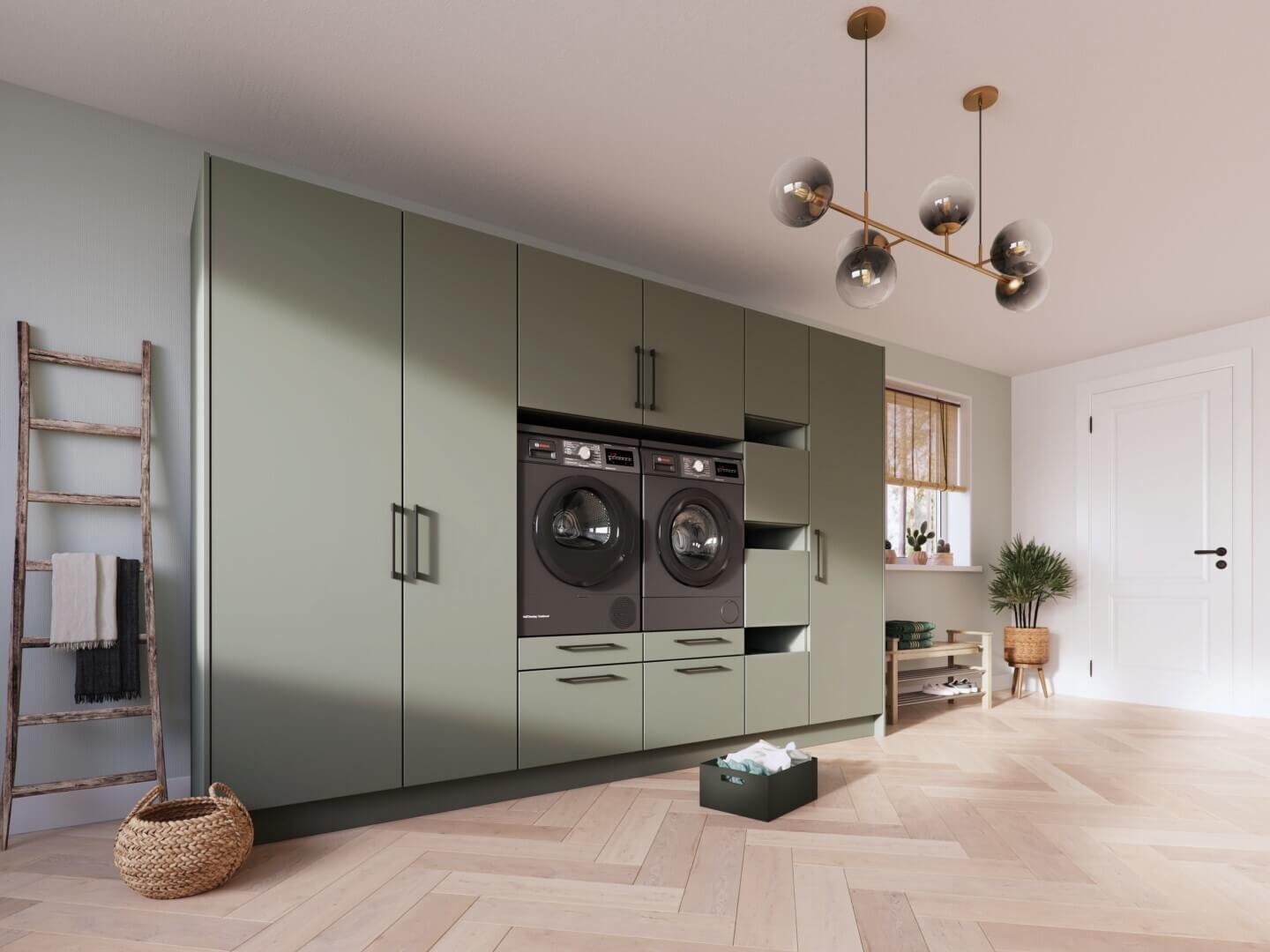 Keller bijkeuken voorbeeld in groene kleur met ruimte voor wasmachine en droger