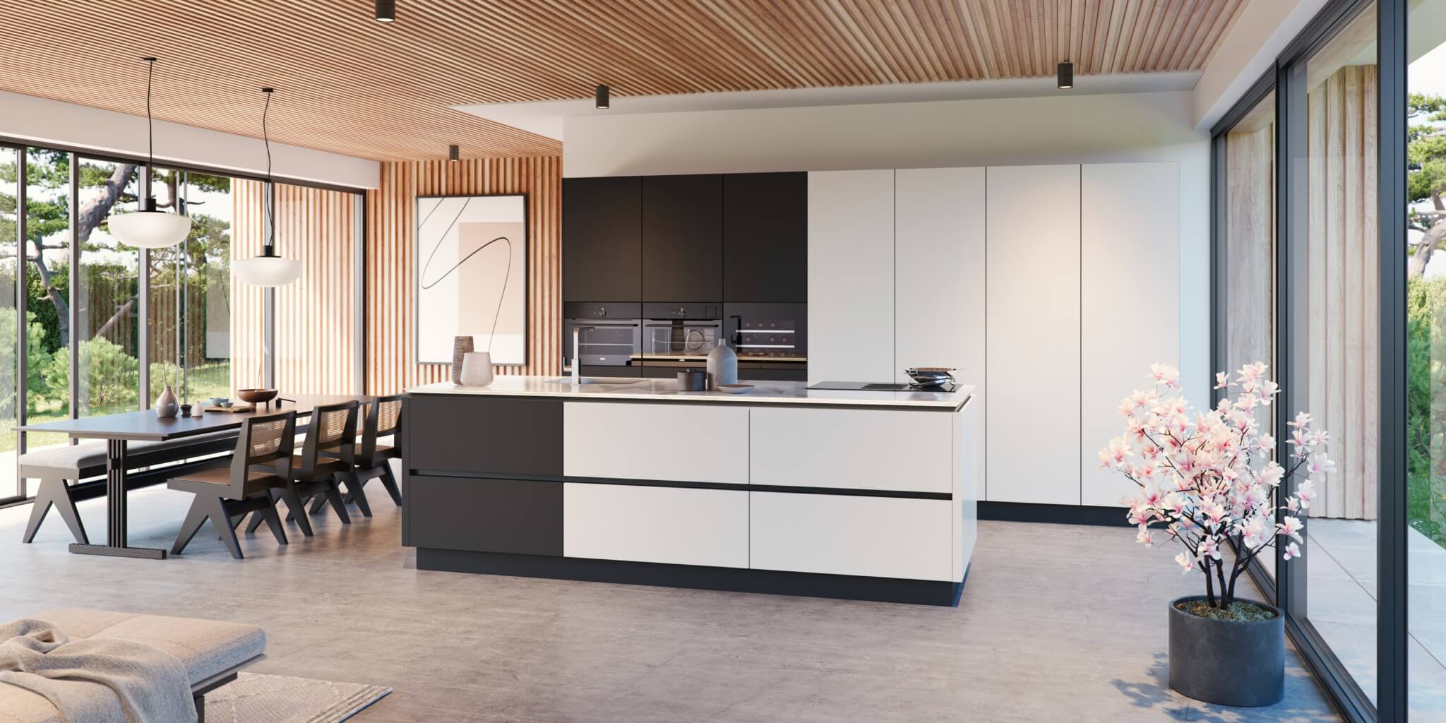 Keller Perfect Sense: Matzwarte en witte keuken met kookeiladn en hoge kastenwanden