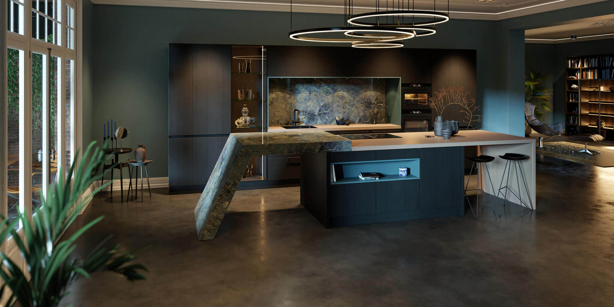 kookeiland met bar in zwarte keuken